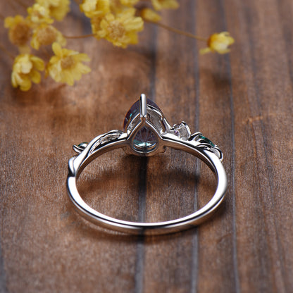 1.25ctw Pear Firework Cut Alexandrite Engagement Ring, Emerald Amethyst Twig Band, 14k White Gold