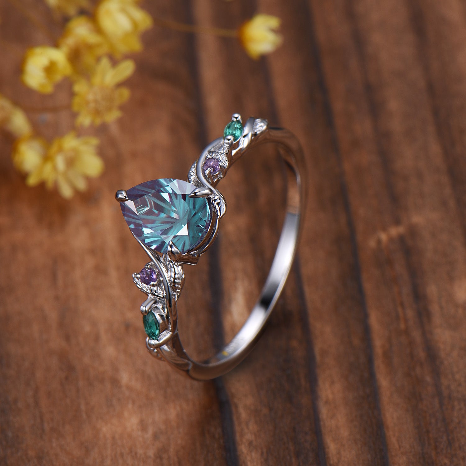 1.25ctw Pear Firework Cut Alexandrite Engagement Ring, Emerald Amethyst Twig Band, 14k White Gold