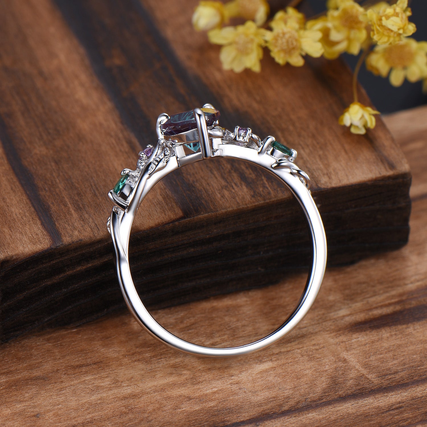 1.25ctw Pear Firework Cut Alexandrite Engagement Ring, Emerald Amethyst Twig Band, 14k White Gold