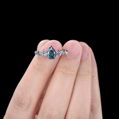 1.25ctw Pear Firework Cut Alexandrite Engagement Ring, Emerald Amethyst Twig Band, 14k White Gold