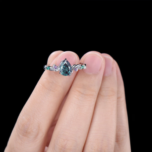 1.25ctw Pear Firework Cut Alexandrite Engagement Ring, Emerald Amethyst Twig Band, 14k White Gold