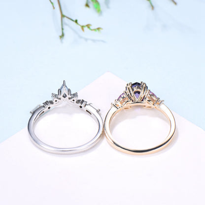 Unique Hexagon Purple Sapphire engagement ring set- moon star curved alexandrite wedding band - PENFINE