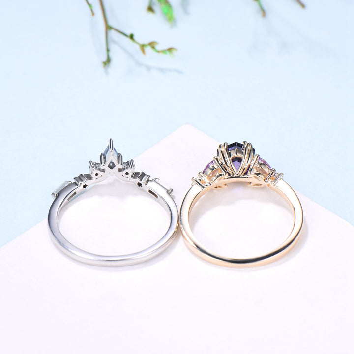 Unique Hexagon Purple Sapphire engagement ring set- moon star curved alexandrite wedding band - PENFINE
