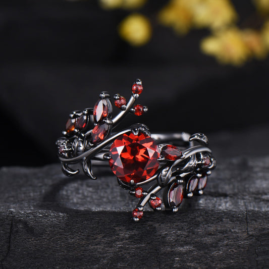 Gothic Garnet Engagement Ring, Black Gold Twig Branch, Marquise Cluster Wedding Band