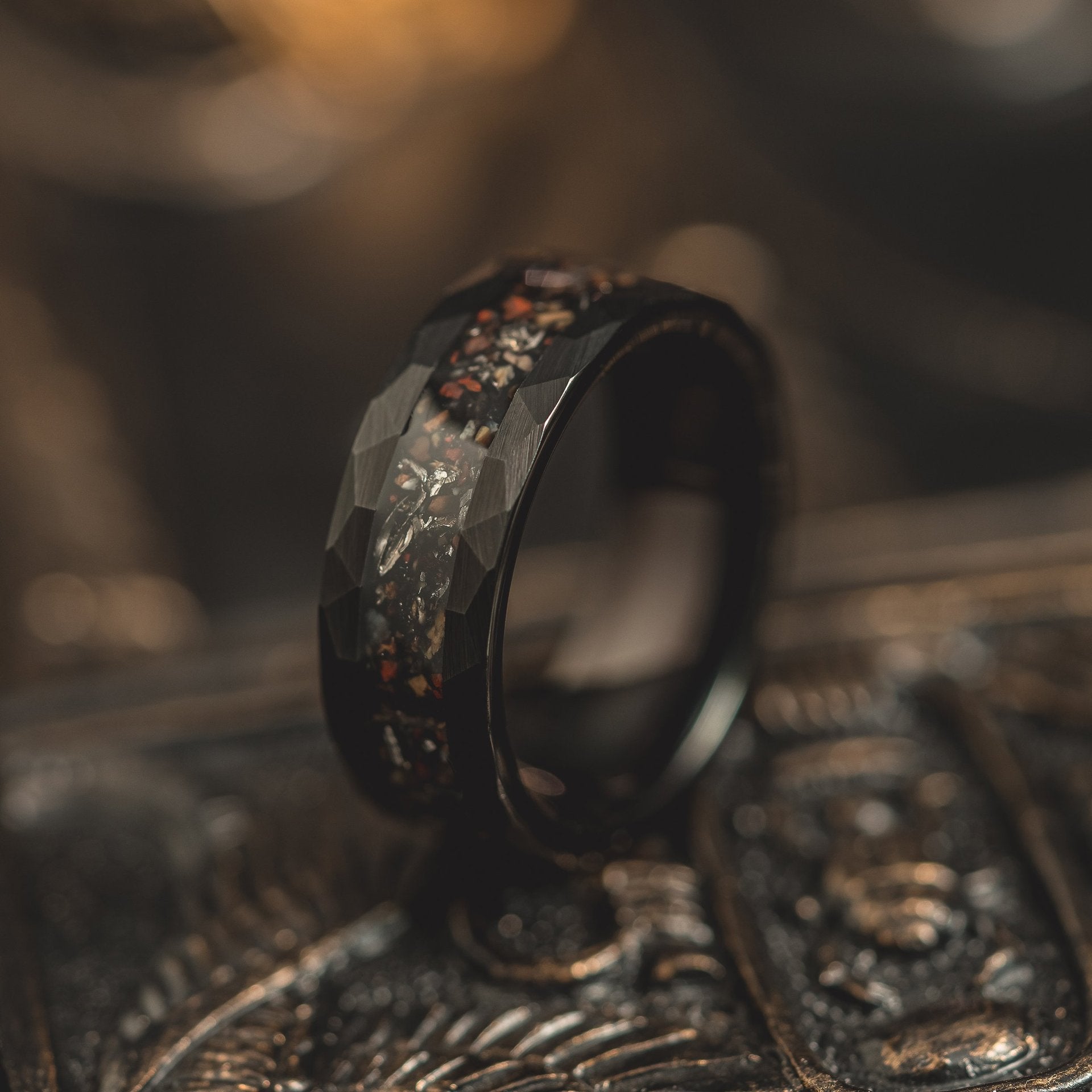 8mm tungsten gold men's wedding band steel hammered black ring Inlaid dinosaur fossils - PENFINE