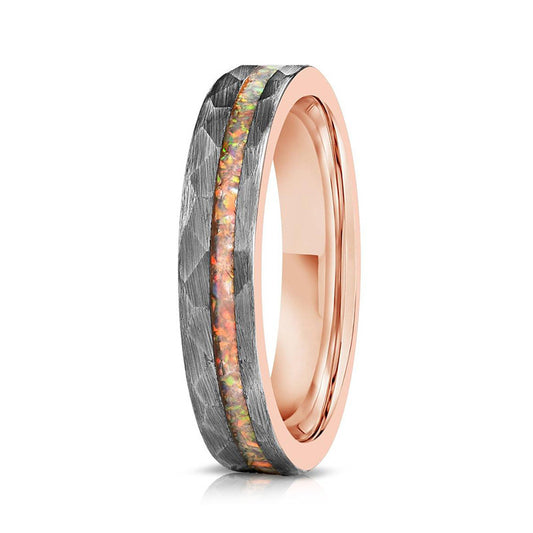 6mm Men's wedding band Tungsten Steel Hammered Electric Rose Ring Inlaid with Orbo Tungsten Gold - PENFINE