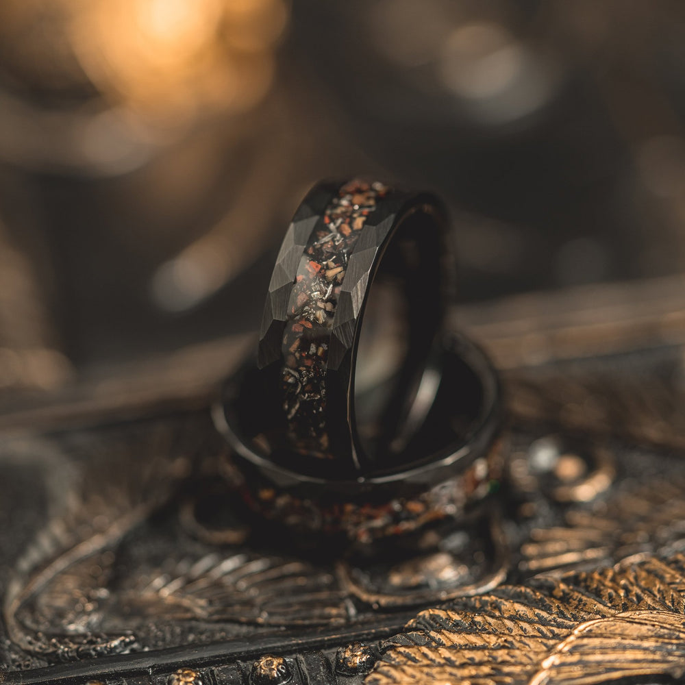 8mm tungsten gold men's wedding band steel hammered black ring Inlaid dinosaur fossils - PENFINE