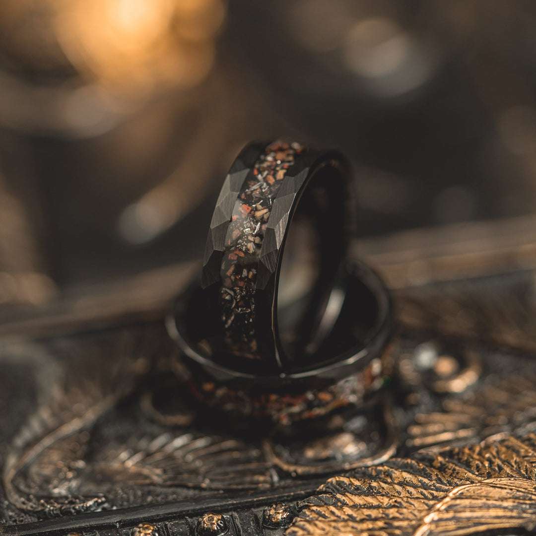 8mm tungsten gold men's wedding band steel hammered black ring Inlaid dinosaur fossils - PENFINE