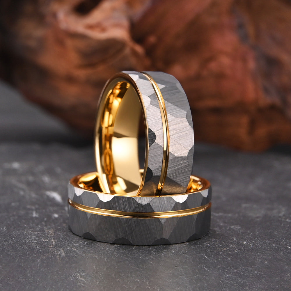 8mm men's wedding band Wide Tungsten Ring New Men's Gold Hammered Ring - PENFINE