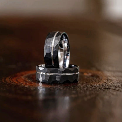 8mm Tungsten Ring, Hammered Flat Texture & Black Electroplated, Minimalist Men's Jewelry - PENFINE