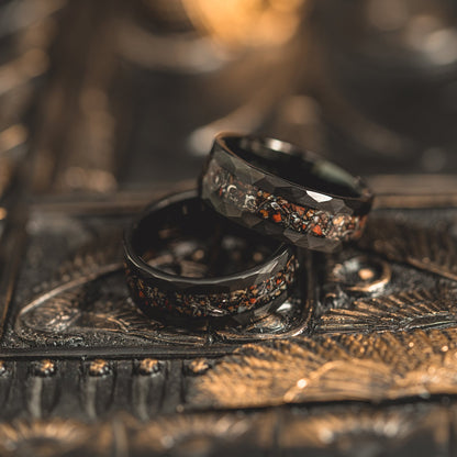 8mm tungsten gold men's wedding band steel hammered black ring Inlaid dinosaur fossils - PENFINE