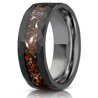 8mm tungsten gold men's wedding band steel hammered black ring Inlaid dinosaur fossils - PENFINE