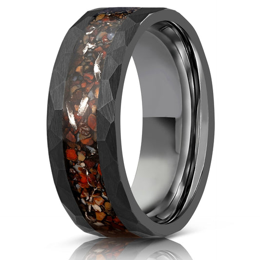 8mm tungsten gold men's wedding band steel hammered black ring Inlaid dinosaur fossils - PENFINE