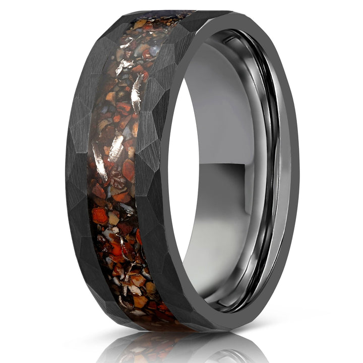 8mm tungsten gold men's wedding band steel hammered black ring Inlaid dinosaur fossils - PENFINE