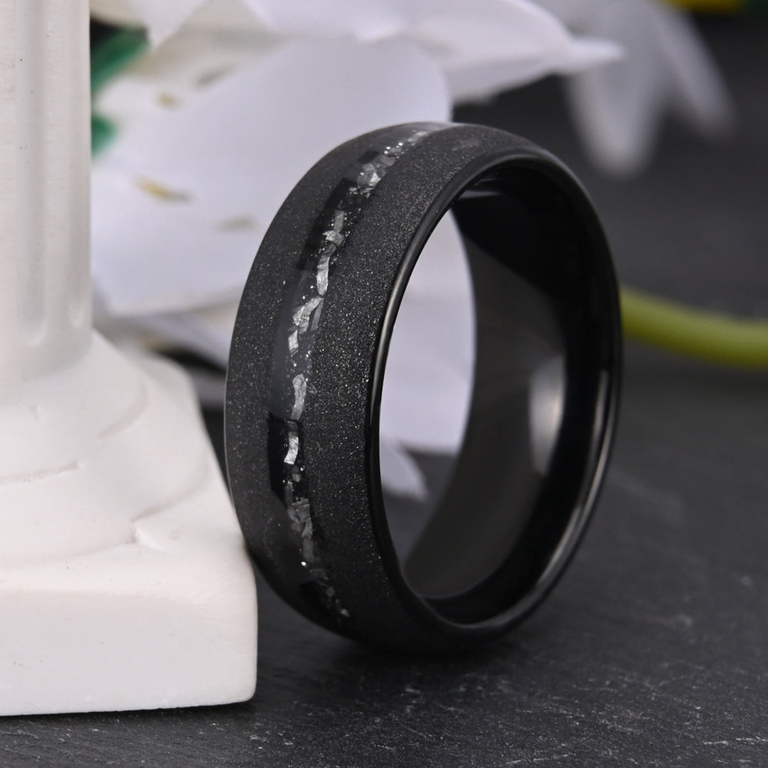Tungsten steel curved sandblasted black meteorite ring men's wedding band - PENFINE