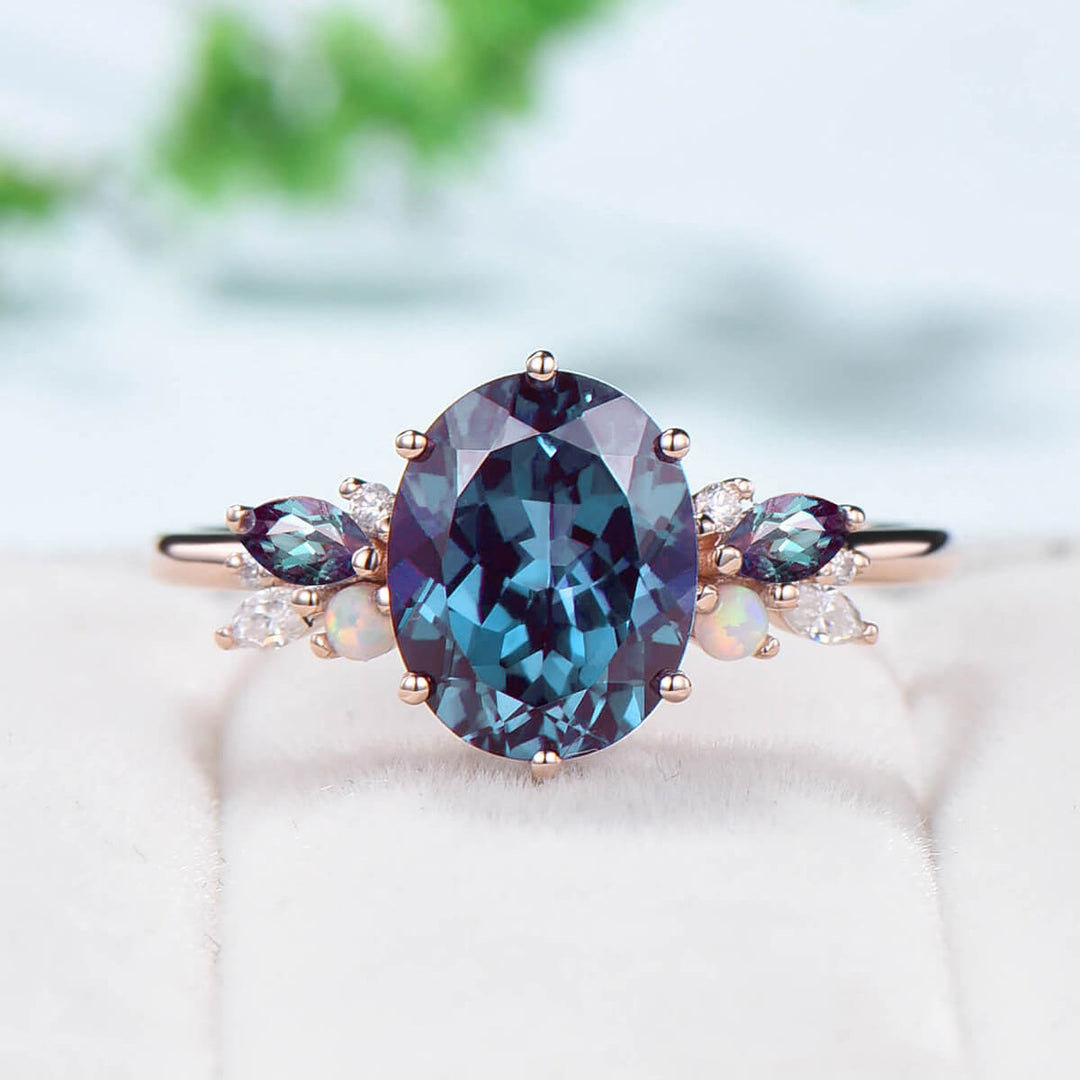 8X10mm Oval Lab Alexandrite Engagement Ring Vintage Unique 10K/14K /18K Rose Gold Cluster Alexandrite Opal Moissanite Wedding Ring For Women - PENFINE