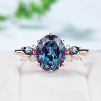 8X10mm Oval Lab Alexandrite Engagement Ring Vintage Unique 10K/14K /18K Rose Gold Cluster Alexandrite Opal Moissanite Wedding Ring For Women - PENFINE