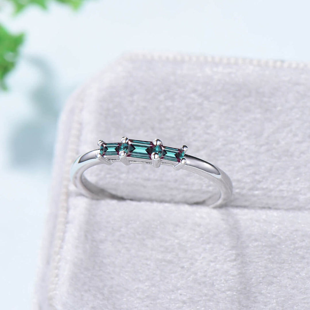 East to West Baguette Alexandrite Ring three stone Color Change Stone Wedding Ring Stacking Dainty Ring June Birthstone Anniversary Gift - PENFINE