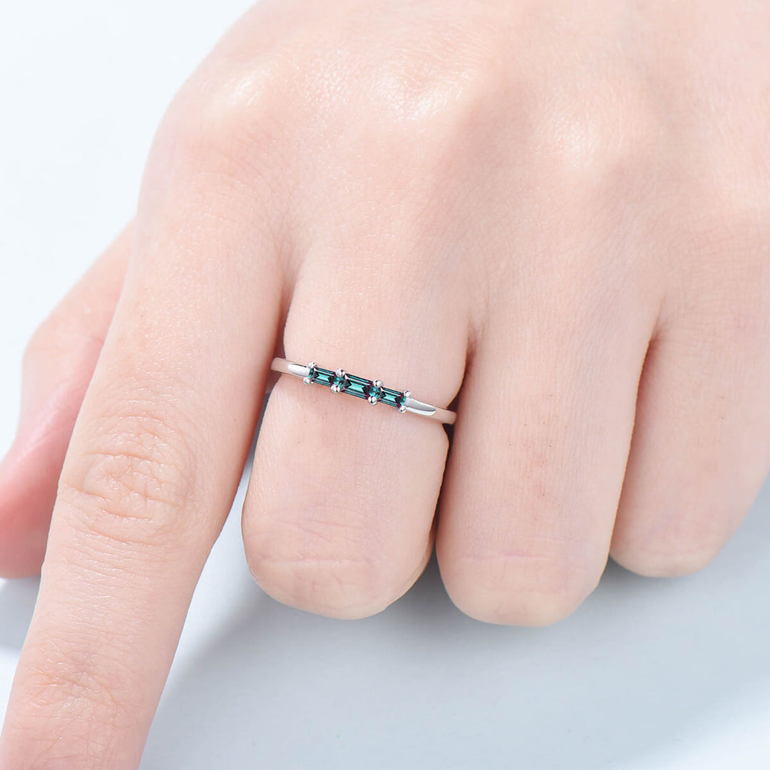 East to West Baguette Alexandrite Ring three stone Color Change Stone Wedding Ring Stacking Dainty Ring June Birthstone Anniversary Gift - PENFINE