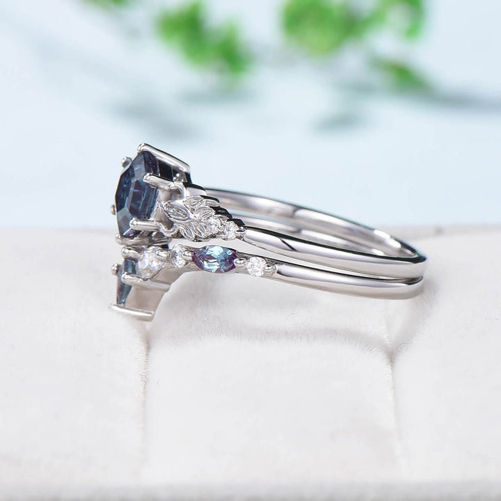 Nature Inspired Alexandrite Ring Vintage Unique Color Change Leaf Engagement Ring Art Deco Floral Flower Moissanite Wedding Set For Women - PENFINE