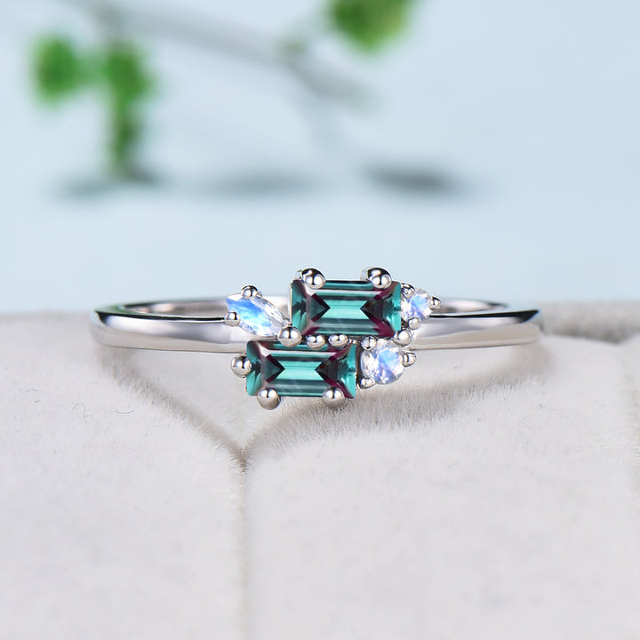 Unique Baguette Alexandrite Ring Alexandrite moonstone Wedding Ring Rose Gold Stacking Dainty Ring June Birthstone Ring Anniversary Gift - PENFINE