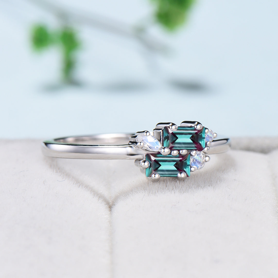 Unique Baguette Alexandrite Ring Alexandrite moonstone Wedding Ring Rose Gold Stacking Dainty Ring June Birthstone Ring Anniversary Gift - PENFINE