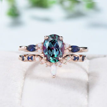 Vintage alexandrite engagement ring set Unique rose gold sapphire wedding set Art deco opal stacking matching ring bridal promise ring set - PENFINE