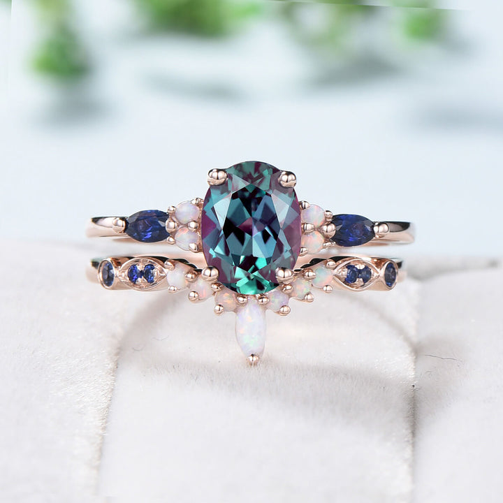 Vintage alexandrite engagement ring set Unique rose gold sapphire wedding set Art deco opal stacking matching ring bridal promise ring set - PENFINE