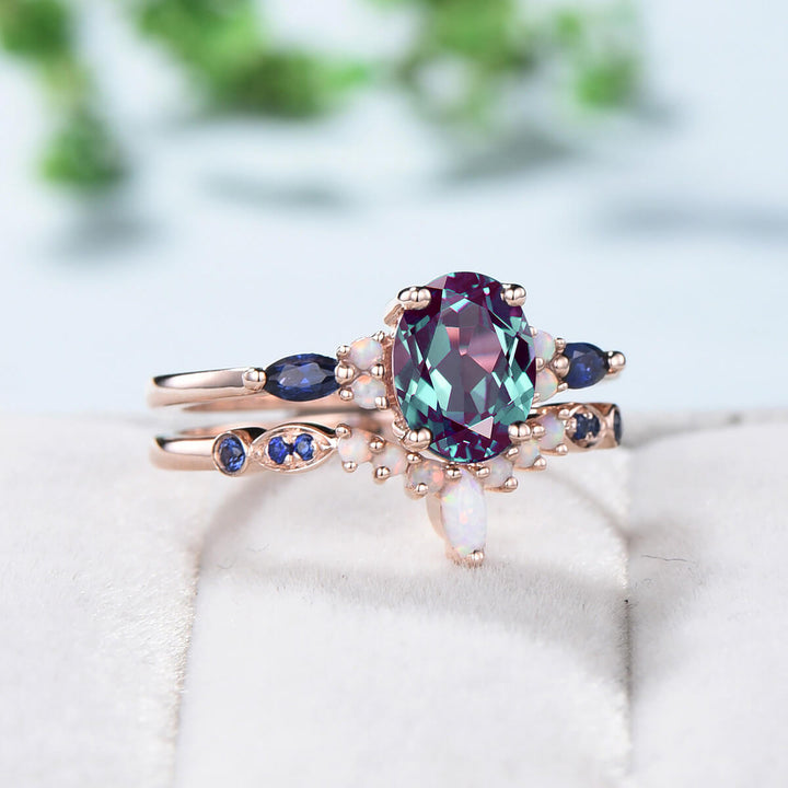 Vintage alexandrite engagement ring set Unique rose gold sapphire wedding set Art deco opal stacking matching ring bridal promise ring set - PENFINE