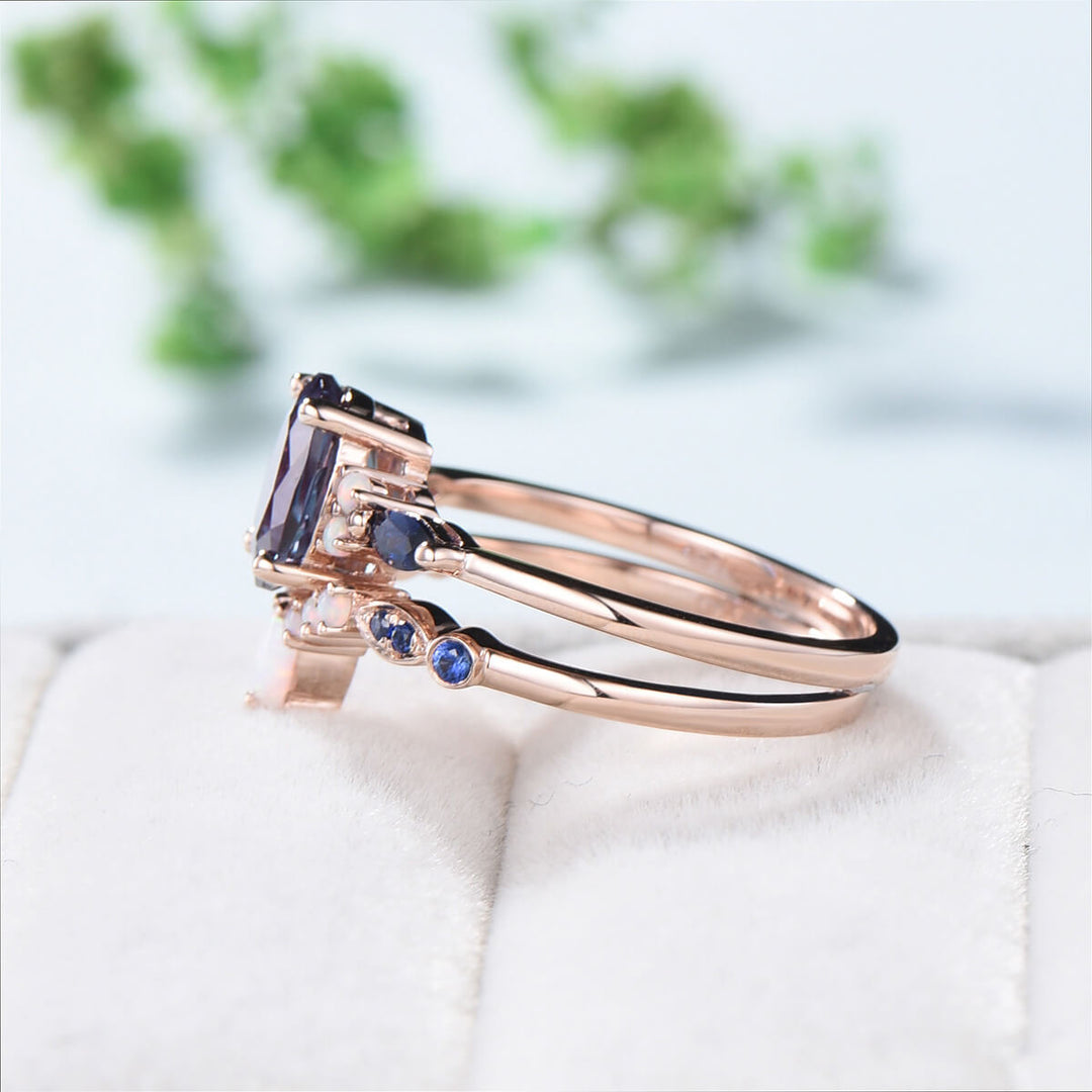 Vintage alexandrite engagement ring set Unique rose gold sapphire wedding set Art deco opal stacking matching ring bridal promise ring set - PENFINE