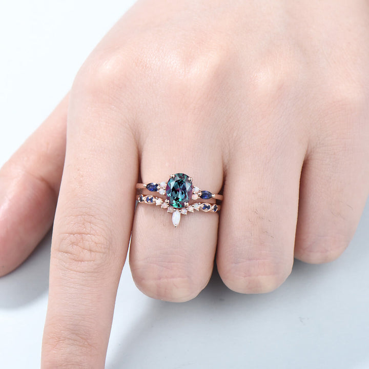 Vintage alexandrite engagement ring set Unique rose gold sapphire wedding set Art deco opal stacking matching ring bridal promise ring set - PENFINE