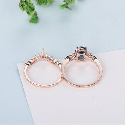 Vintage alexandrite engagement ring set Unique rose gold sapphire wedding set Art deco opal stacking matching ring bridal promise ring set - PENFINE