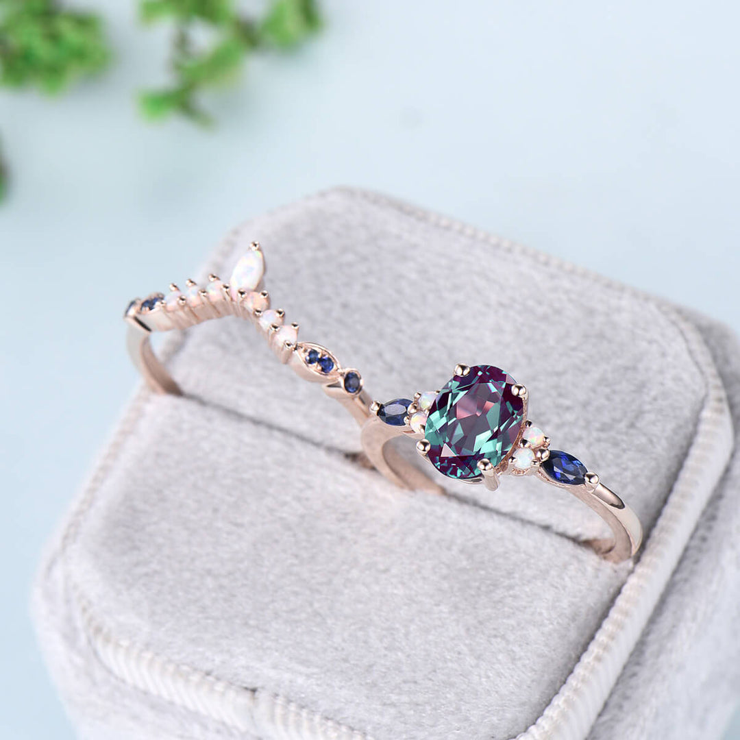 Vintage alexandrite engagement ring set Unique rose gold sapphire wedding set Art deco opal stacking matching ring bridal promise ring set - PENFINE