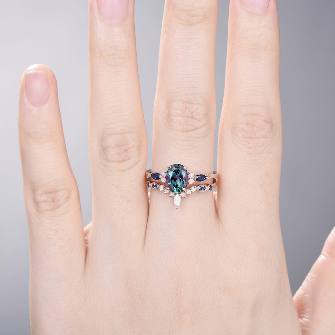 Vintage alexandrite engagement ring set Unique rose gold sapphire wedding set Art deco opal stacking matching ring bridal promise ring set - PENFINE