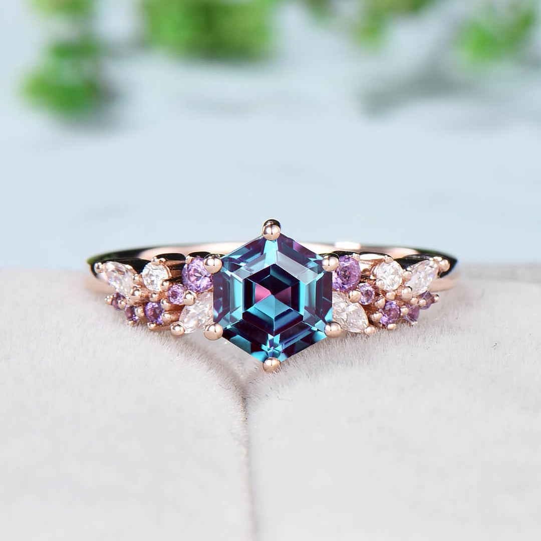 Unique Hexagon Alexandrite engagement ring color changing cluster amethyst moissanite wedding ring for women solid 14k rose gold bridal ring - PENFINE