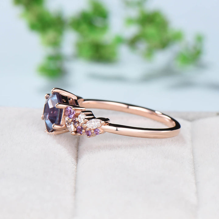 Unique Hexagon Alexandrite engagement ring color changing cluster amethyst moissanite wedding ring for women solid 14k rose gold bridal ring - PENFINE