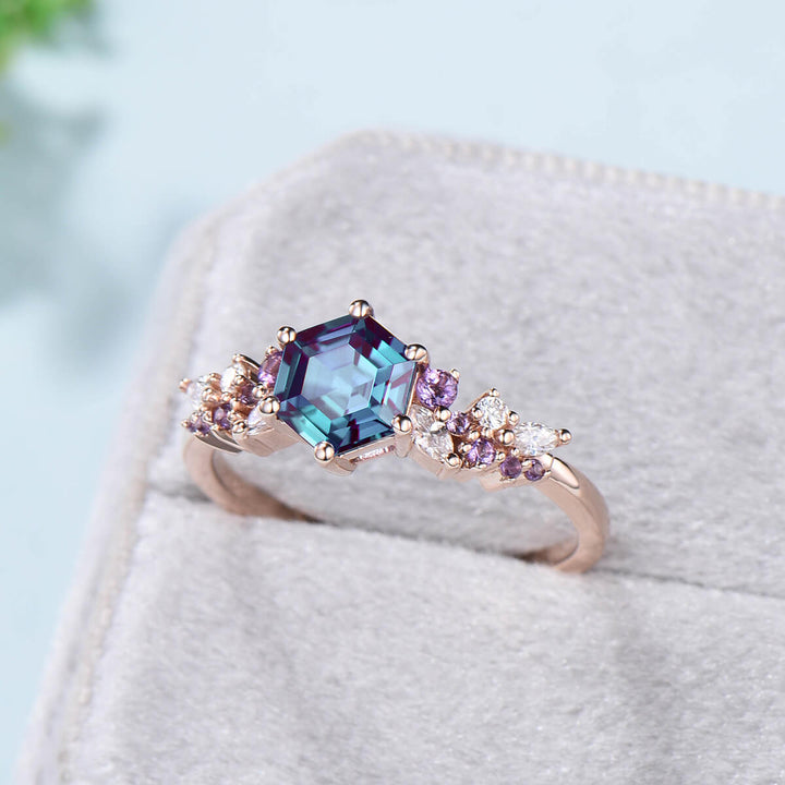 Unique Hexagon Alexandrite engagement ring color changing cluster amethyst moissanite wedding ring for women solid 14k rose gold bridal ring - PENFINE