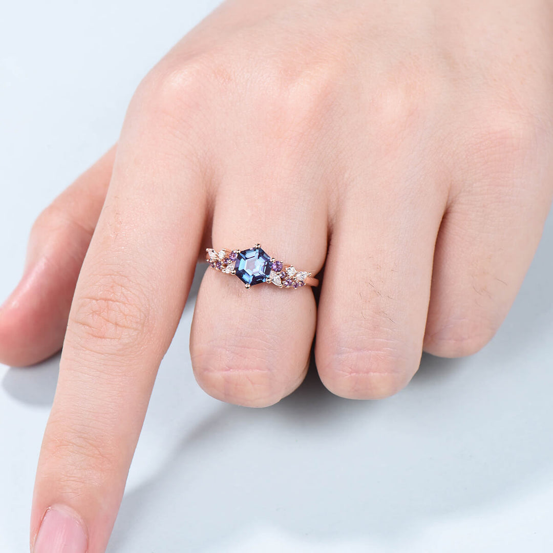 Unique Hexagon Alexandrite engagement ring color changing cluster amethyst moissanite wedding ring for women solid 14k rose gold bridal ring - PENFINE