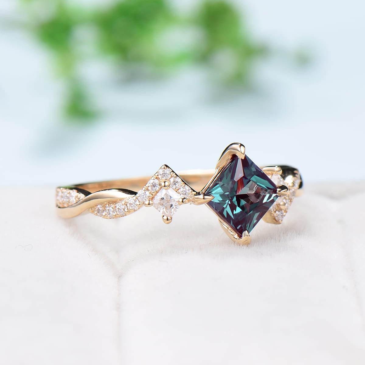 Unique 5mm princess cut alexandrite ring twisted-Dainty alexandrite moissanite engagement ring-White Gold infinity anniversary ring - PENFINE