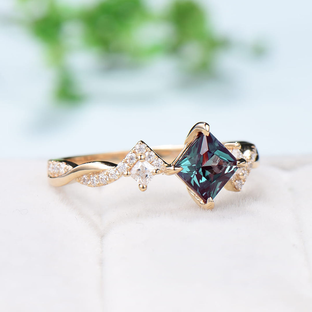 Unique 5mm princess cut alexandrite ring twisted-Dainty alexandrite moissanite engagement ring-White Gold infinity anniversary ring - PENFINE