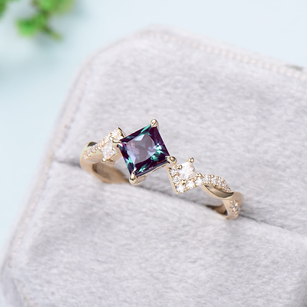Unique 5mm princess cut alexandrite ring twisted-Dainty alexandrite moissanite engagement ring-White Gold infinity anniversary ring - PENFINE