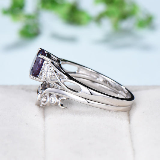 Vintage 7mm Round Alexandrite Engagement Ring Set Celtic Norse Viking Color Change Wedding Ring Set For Women Cluster Diamond Bridal Set - PENFINE