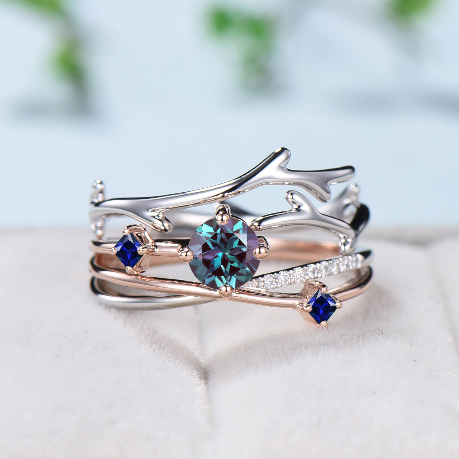 Two-tone gold Twig alexandrite engagement ring set dainty Leaf sapphire branch wedding set women Unique natural inspired anniversary gift - PENFINE