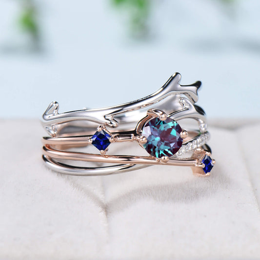 Two-tone gold Twig alexandrite engagement ring set dainty Leaf sapphire branch wedding set women Unique natural inspired anniversary gift - PENFINE