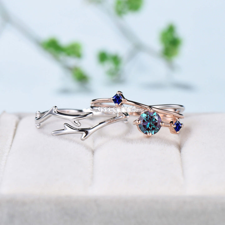 Two-tone gold Twig alexandrite engagement ring set dainty Leaf sapphire branch wedding set women Unique natural inspired anniversary gift - PENFINE