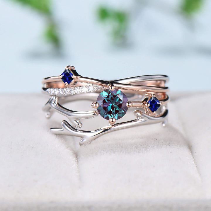 Two-tone gold Twig alexandrite engagement ring set dainty Leaf sapphire branch wedding set women Unique natural inspired anniversary gift - PENFINE