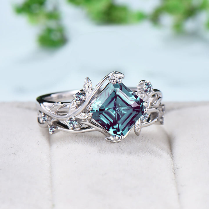 Nature Inspired Asscher alexandrite ring set color changing twig alexandrite engagement ring cluster leaves branch wedding ring set women - PENFINE