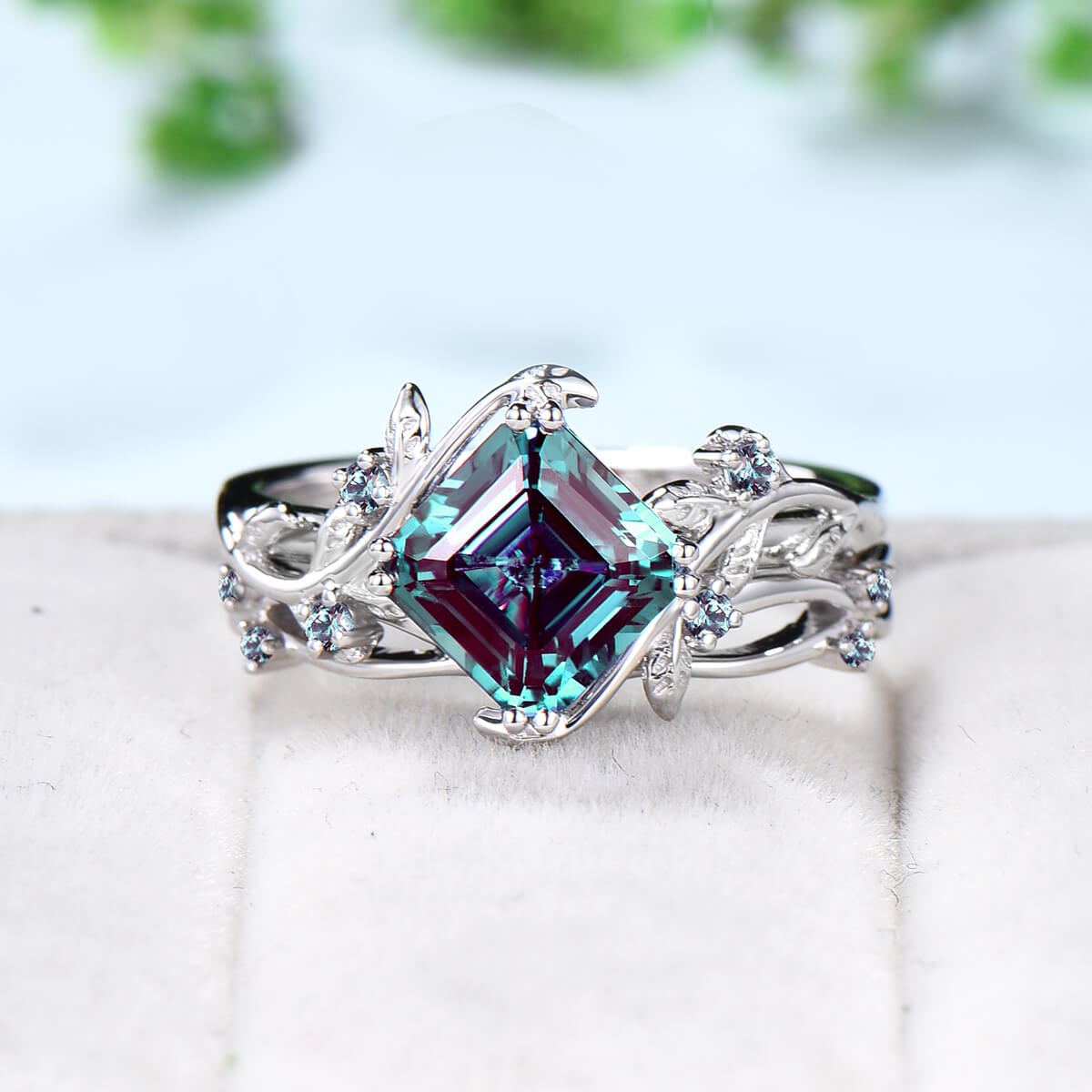 Nature Inspired Asscher alexandrite ring set color changing twig alexandrite engagement ring cluster leaves branch wedding ring set women - PENFINE