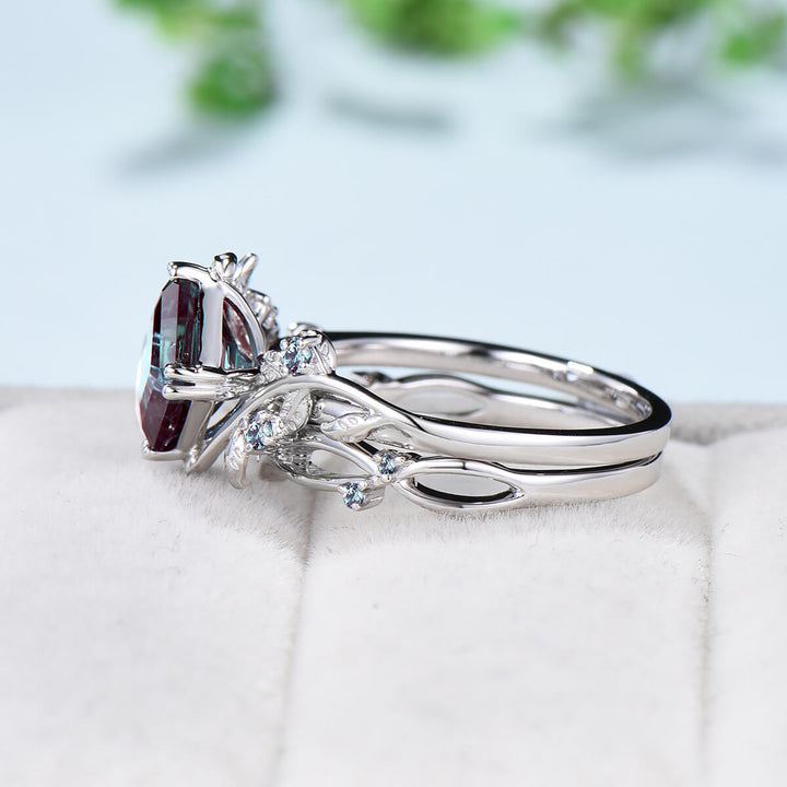 Nature Inspired Asscher alexandrite ring set color changing twig alexandrite engagement ring cluster leaves branch wedding ring set women - PENFINE