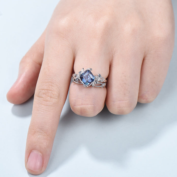 Nature Inspired Asscher alexandrite ring set color changing twig alexandrite engagement ring cluster leaves branch wedding ring set women - PENFINE